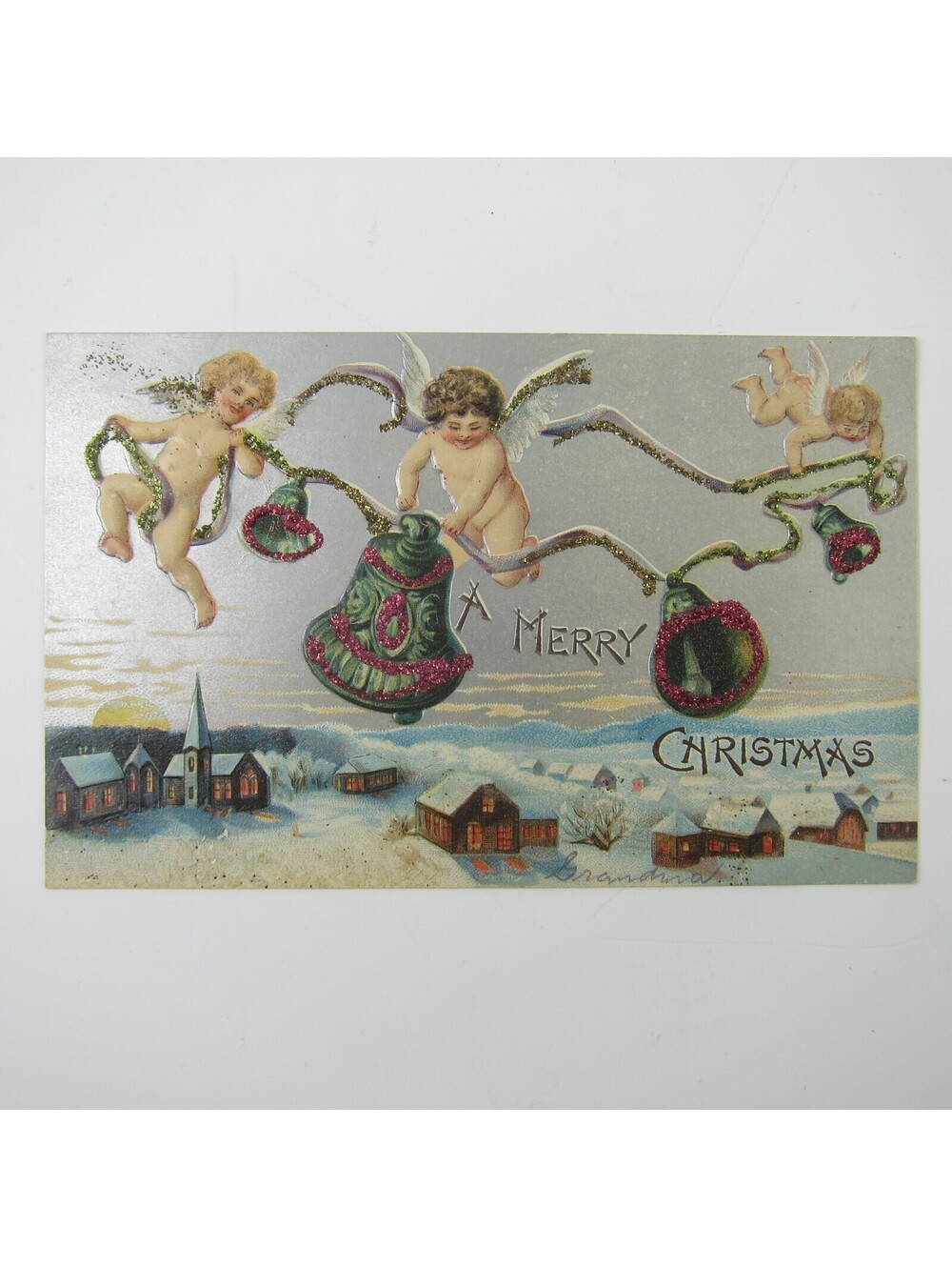 Christmas Postcard Cherub Angels Bells Snow Town Silver Embossed Glitter Antique